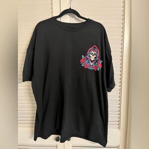 Black T-Shirt with Colorful Skull and Roses Design